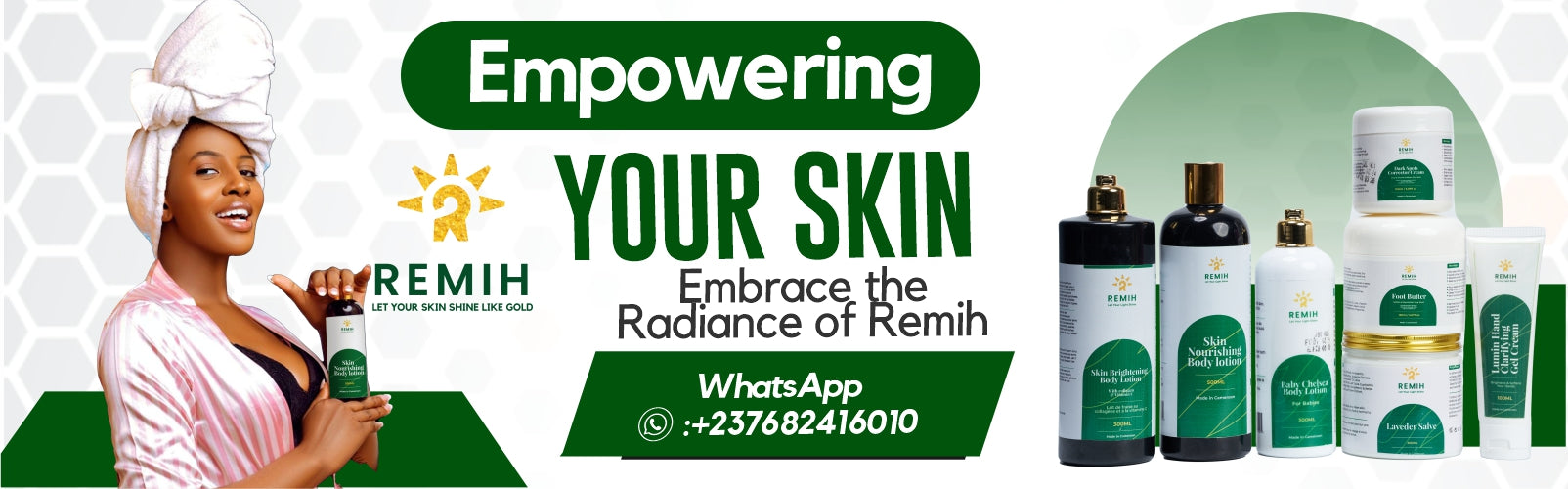 remih banner image showing a black african lady holding a bottled remih skincare product with the caption "Empowering your skin" and sub title "Embrace the radiance of remih"