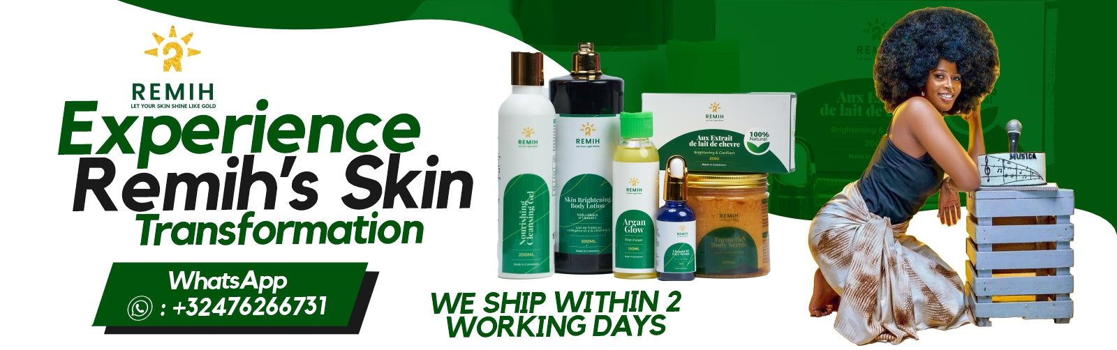 banner image showing a pretty black african lady kneeling while showcasing a remih product displayed on a chair with caption "Experience Remih's Skin Transformation"