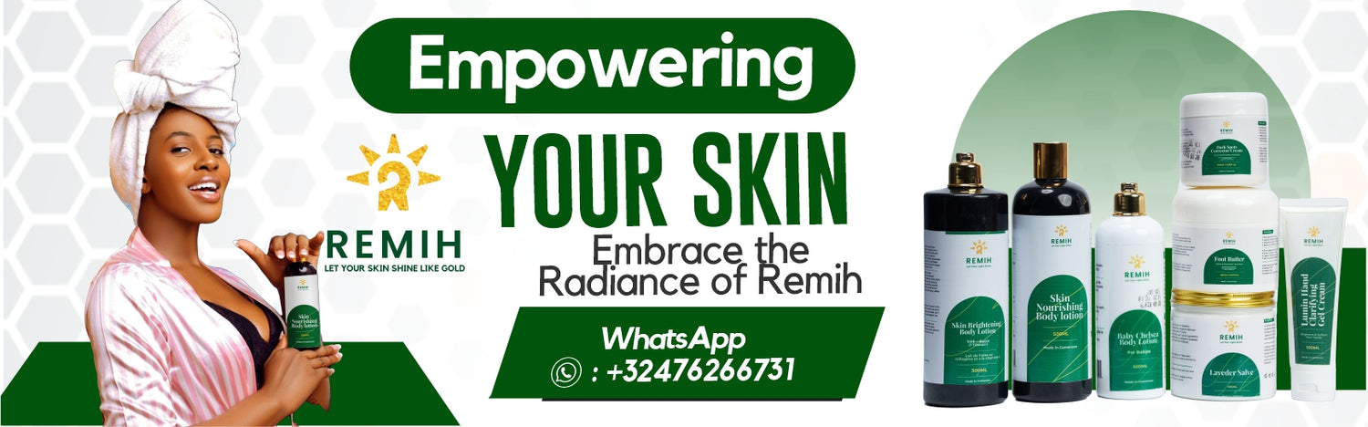 Banner image showcasing myremih website banner image design containing an African lady holding a remih skincare product with caption of "Empowering your skin" and "embrace the radiance of remih"