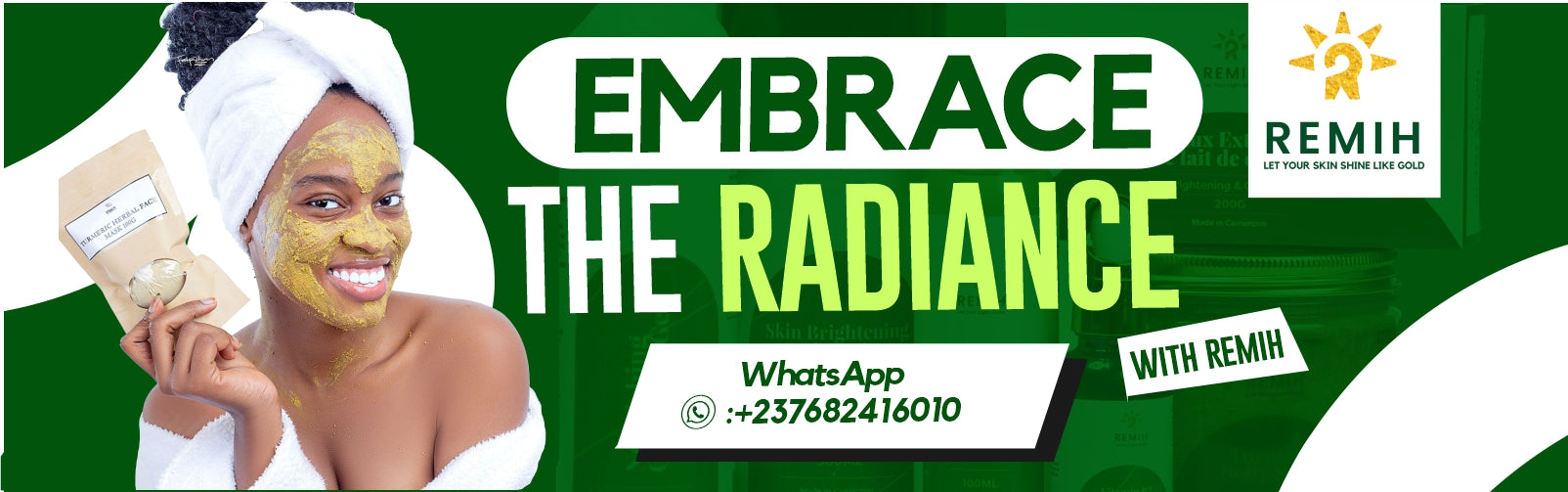banner image showing a beautiful african lady holding a remih skincare product and a banner caption calling to embrace the radiance with remih products